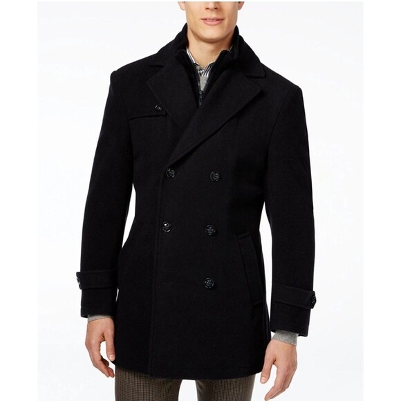 LAUREN RALPH LAUREN Double Breasted Wool Blend Peacoat with Knit Bib, Black 38R - Picture 1 of 15